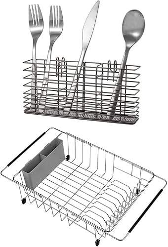 SANNO Estante de secado de utensilios de acero inoxidable para escurridor de platos, escurridor de platos expandible
