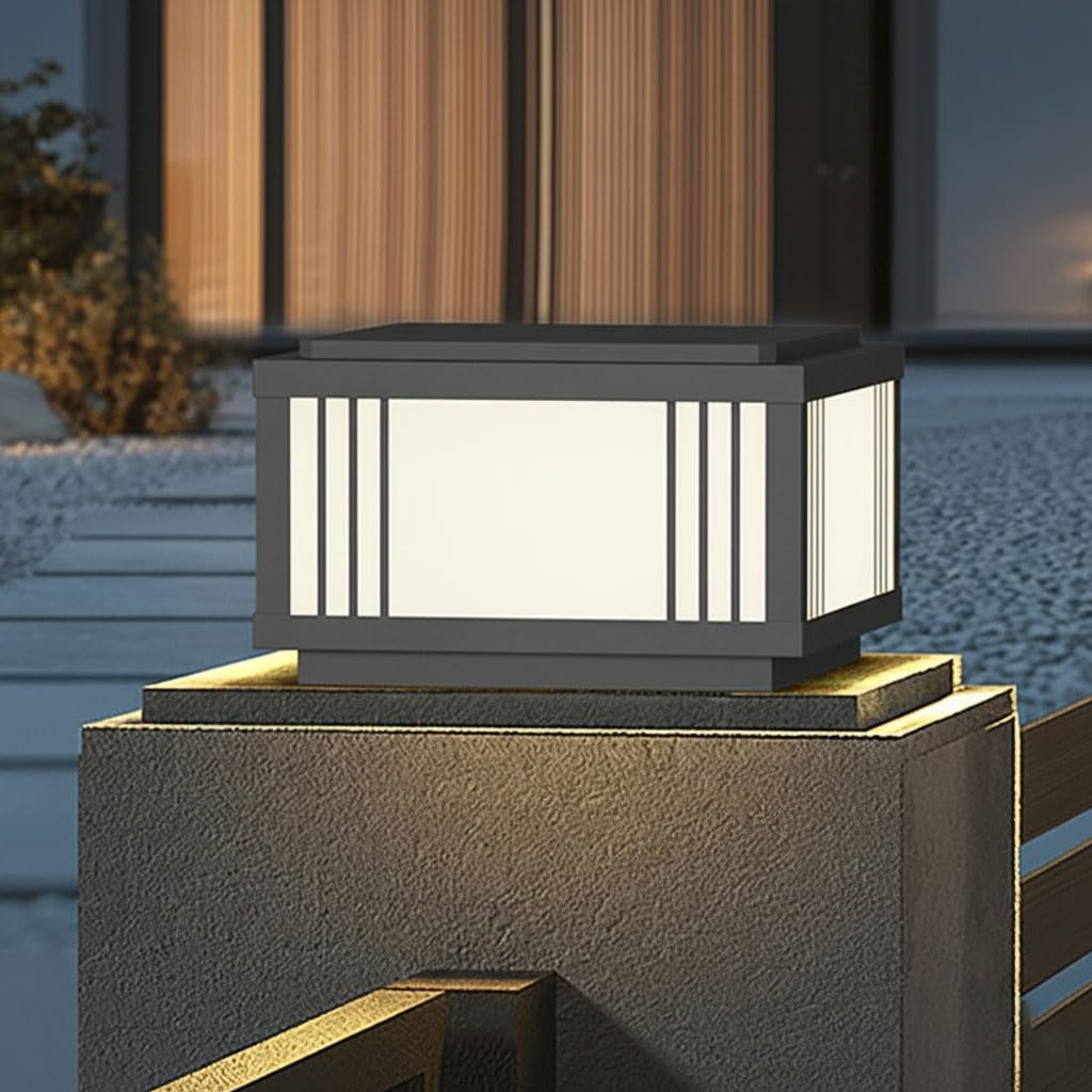 Outdoor Hard Wired Post Lights Modern Black Square Column Lights Exterior Landscape Path Lighting Aluminum With Glass Waterproof Pedestal Lamp Fence Deck Caps Lantern For Porch Garden Patio Pier Lamp