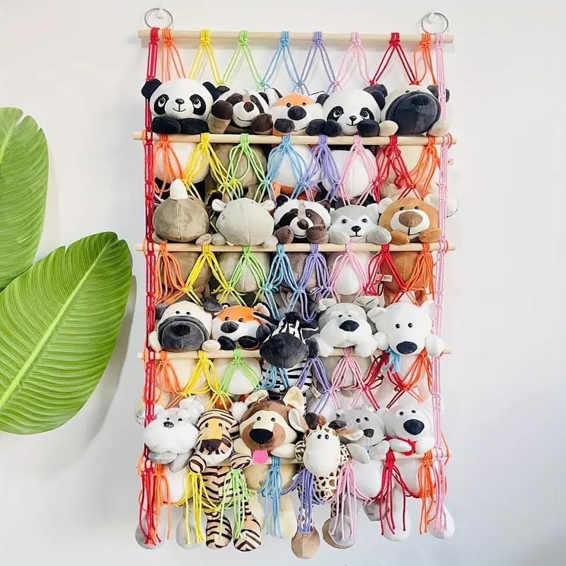 Image of Wood Waterlily House - Organizer Mesh, Bohemian Net Organizer, Stuffed, Toy Storage Hammock, Rainbow Stuffed Animal Hammock Macrame for Toy Storage. (Color Four Layer), Wall Mount