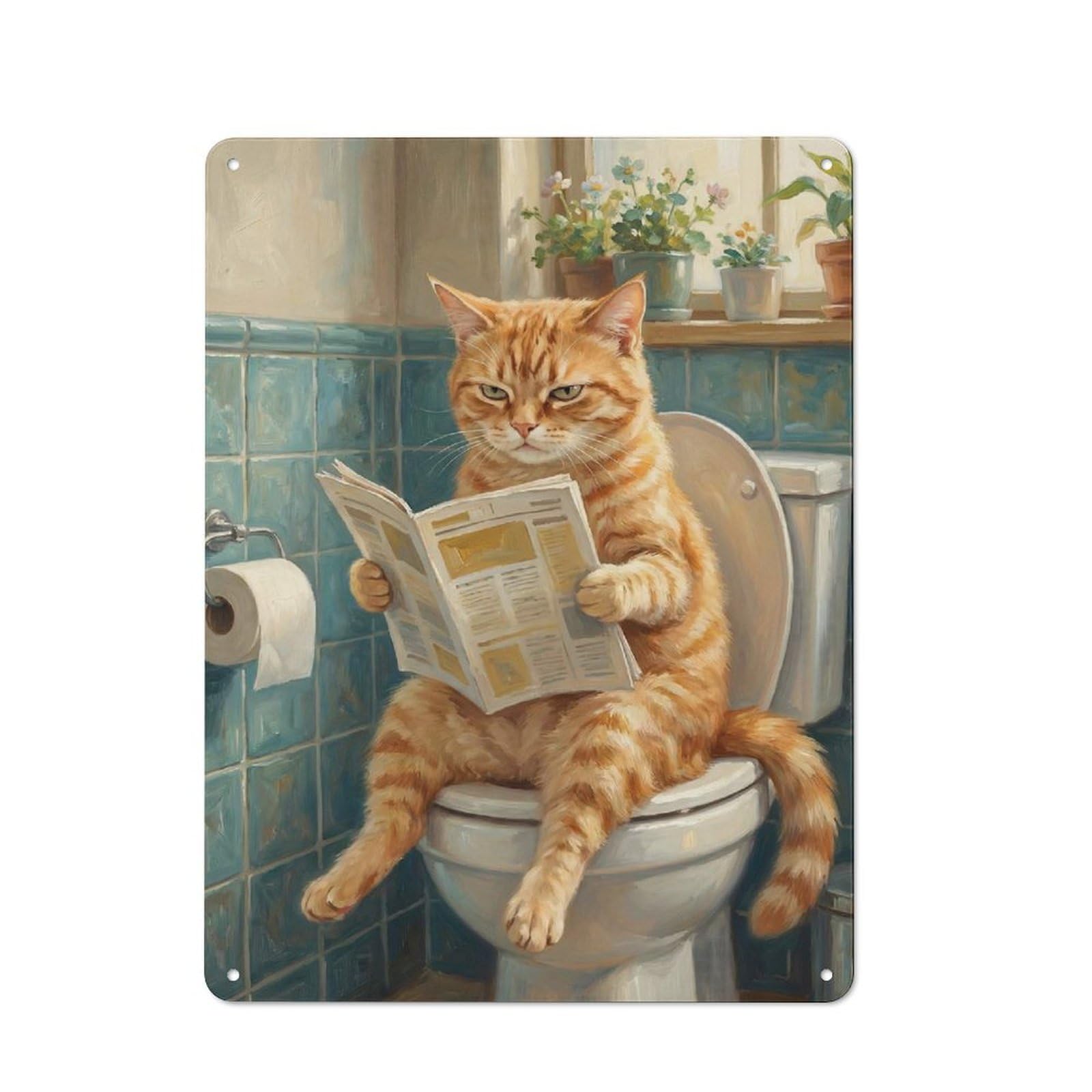 Cat Reading Newspaper on Toilet Printed Metal Sign for Pet Owners, Birthday, Christmas Or Housewarming Gift, 40x30cm
