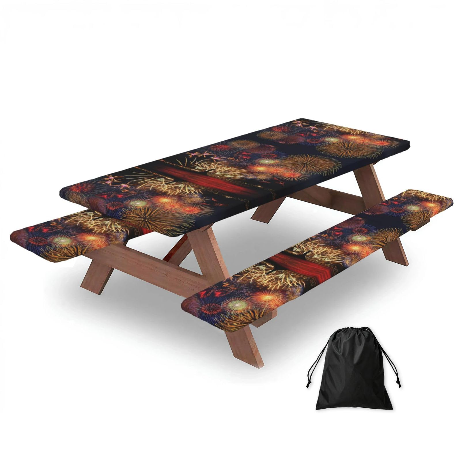 Duwaa Black Fireworks Print 183Cm Picnic Table Cover With Bench Covers, Waterproof Elastic Tablecloth Set For Outdoor