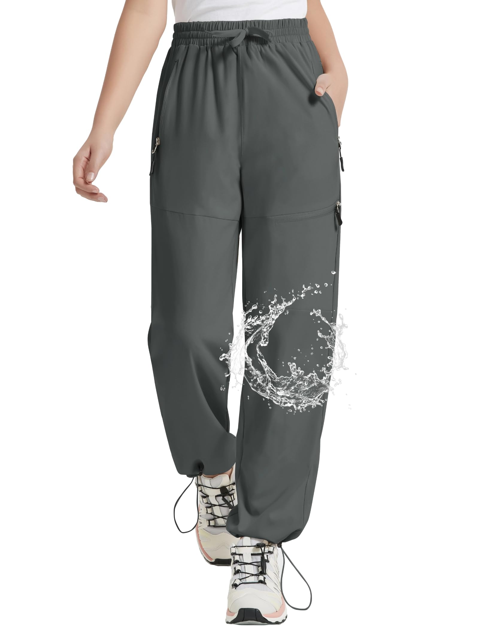 EXARUS Girls Pants Joggers Kids Quick Dry Waterproof Hiking Pants Cargo Athletic High Waisted Lightweight Zip Pockets Women Petite Pants Grey 12Y