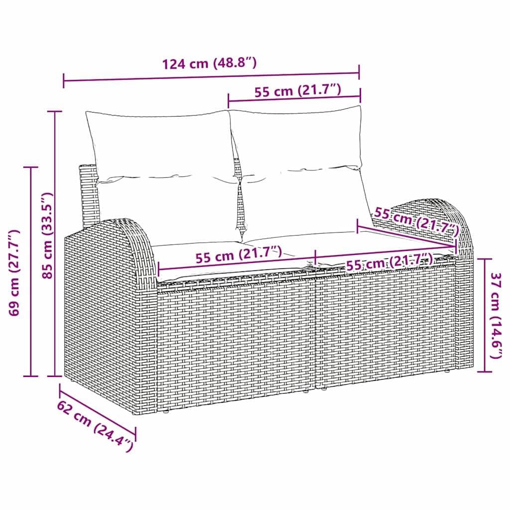 Divano da Giardino 2 Posti in Polyrattan Marrone con Cuscini | Mix di stile e robustezza per terrazzo e giardino. Struttura modulare in metallo con cuscini inclusi per esterno.