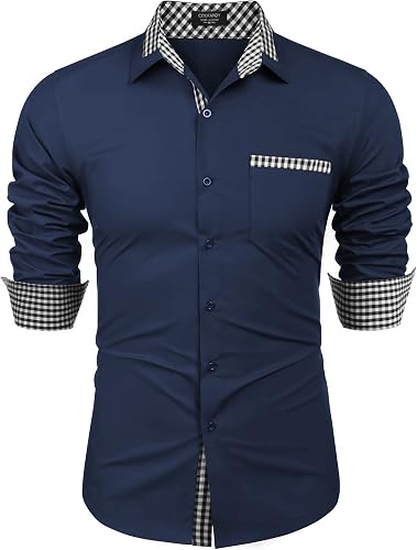COOFANDY Herren Langarmhemd Karierter Kragen Lässiges Button-Down-Hemd Blue S