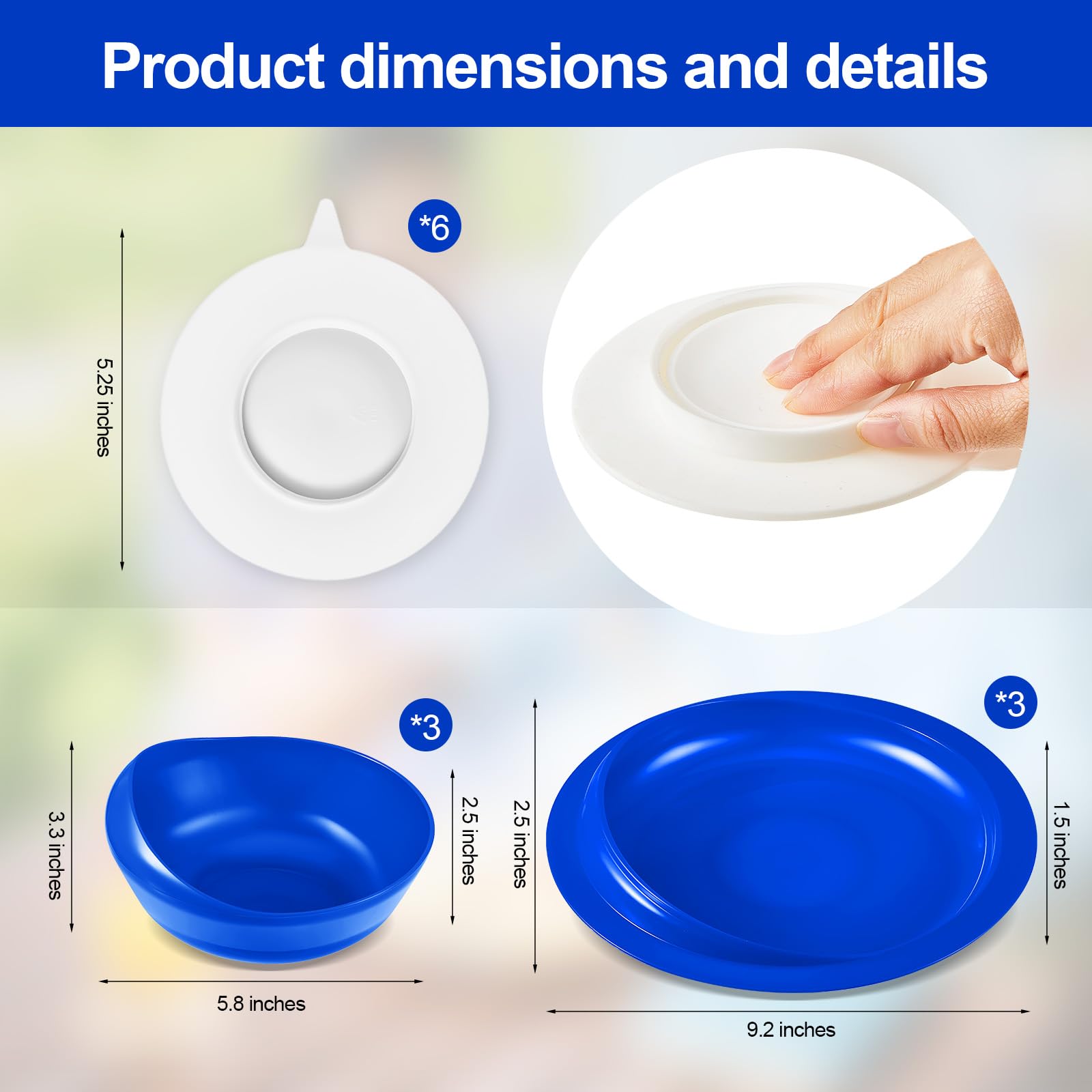 Hushee Set di ciotole e piatti a prova di fuoriuscite con base a ventosa, adattivo, antiscivolo, per anziani disabili, disabili, da Parkinson, demenza, ictus, tremore (3 set, blu)