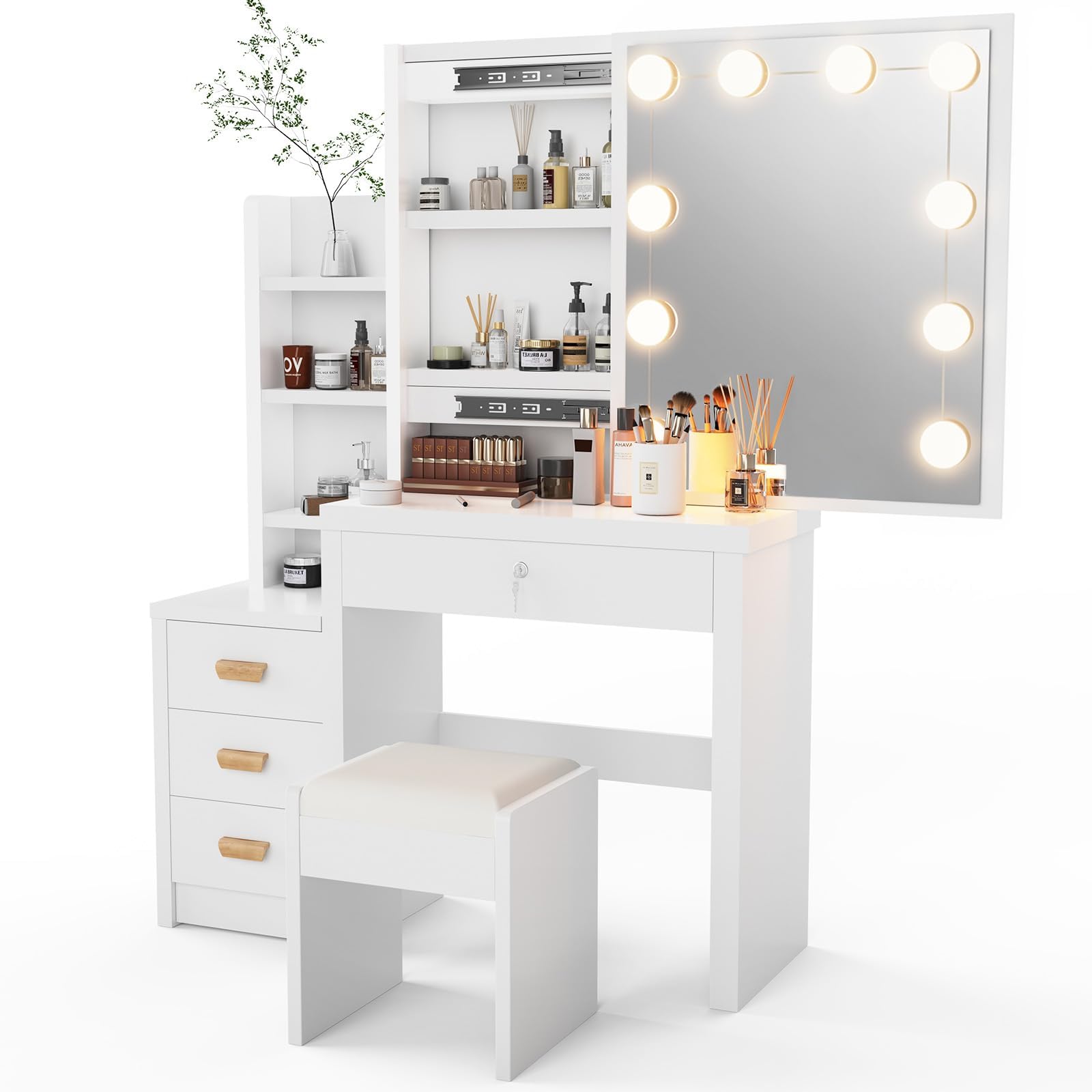 Tocador Blanco, Tocador con Espejo y Taburete, 10 Luces LED, Estilo Moderno, Mesa de Maquillaje con Estantes Abiertos y 4 Cajones, para Dormitorio, Salón, 135x80x36 cm