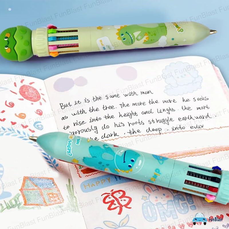 Image of FunBlast 10 In 1 Ball Pens for Writing, Cartoon Design Lightweight Ball Pen with Comfortable Grip for Extra Smooth Writing, Stationery for School & Office, Birthday Return Gift (Dinosaur)