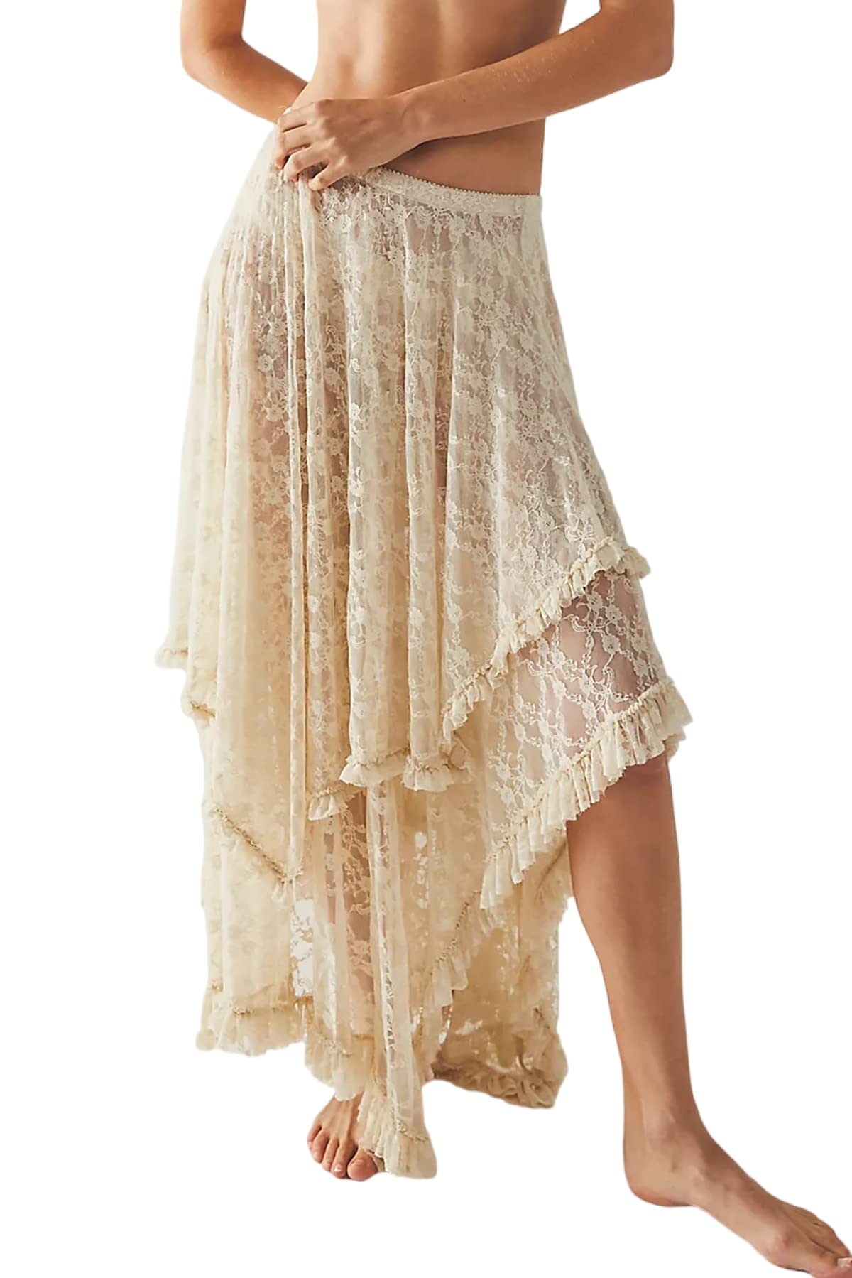 R.Vivimos Femmes d'été bohème Dentelle Beach burket Jupe Longue Semi Transparente Swing Volante irrégulière Ourlet Jupe Longue