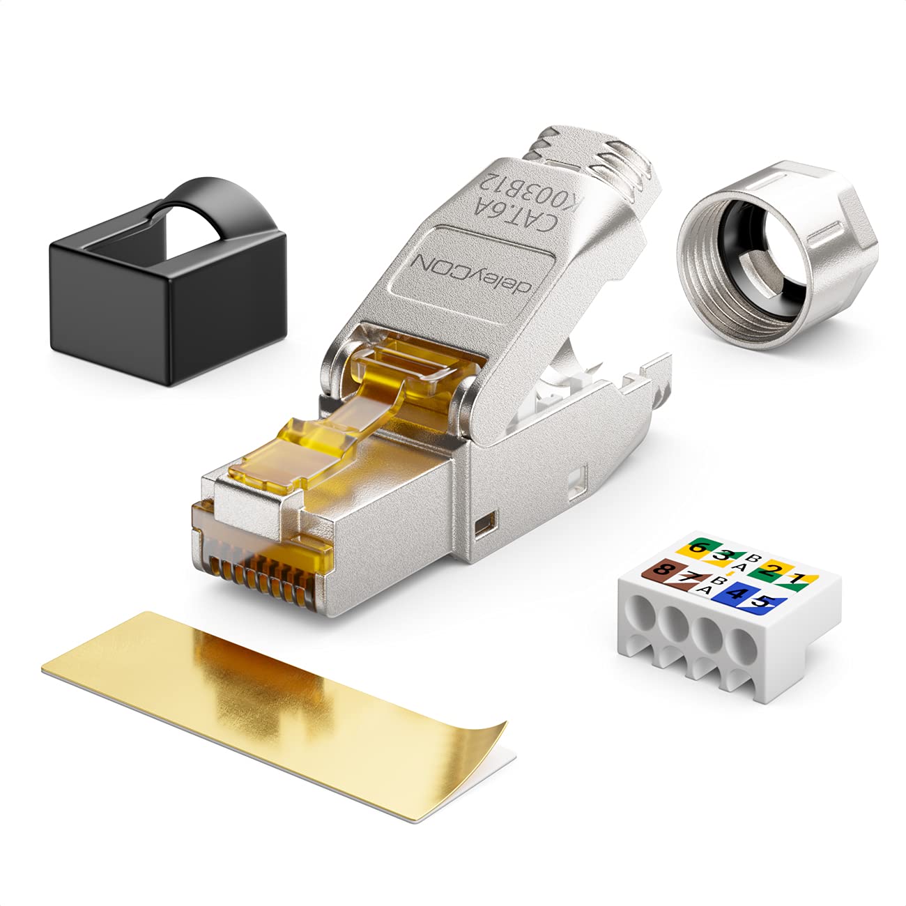 deleyCON 12x CAT 6a Connettore di Rete RJ45 a Sgancio Rapido con Schermatura 10 Gbit/s Spina di Rete per la Posa Rigidi di Cavi Grezzi Connettore RJ45 Ethernet LAN Cavo Patch DSL