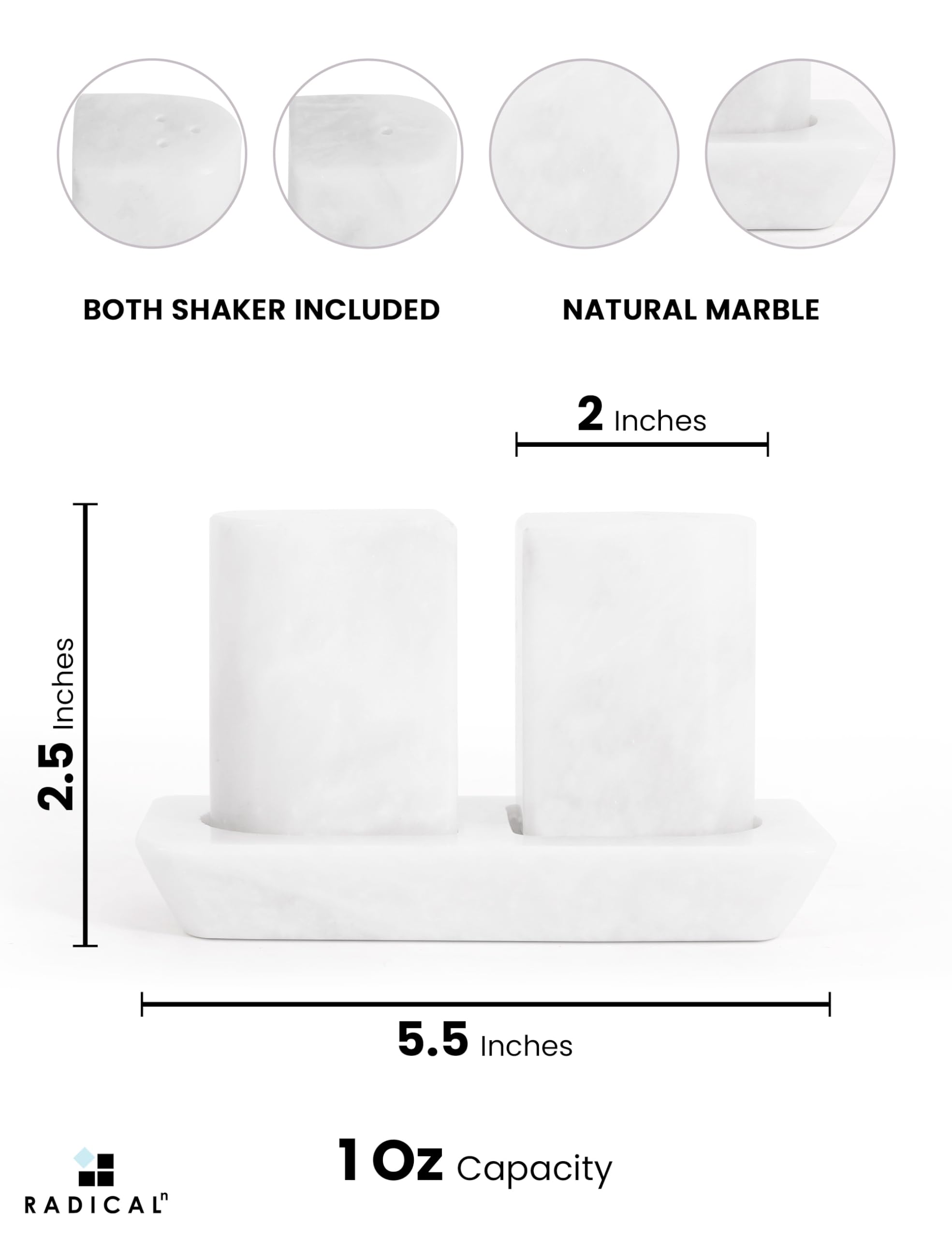 Radicaln Set di sale e pepe in marmo bianco da 6,3 cm, realizzato a mano, set di spezie Saleros per bancone della cucina, porta sale rosa, decorazione per la tavola della cucina della fattoria