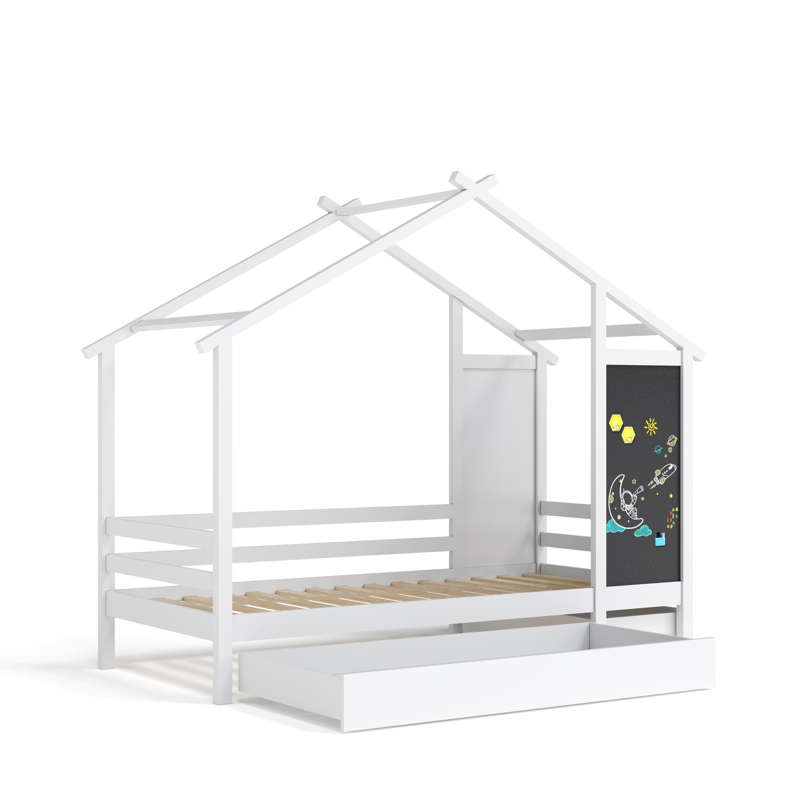 Lit Cabane Enfant 90x200cm Blanc - Avec Tableau Noir Et 2 Tiroirs - Bois De Pin Massif - Sécurité Anti Chute