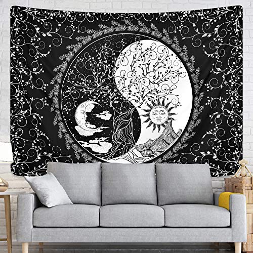 Sun And Moon Tapestry Mandala Yin Yang Tapestry Black And White Tapestries Psychedelic Bohemian Tapestry Tree Of Life Tapestry Wall Hanging For Room (51.2 X 59.1 Inches) #TOP1