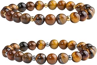 SUMMER LOVE Gemstone Healing Crystal Stretch Bracelet for Anxiety Stress Relief Natural Stone Stainless Steel Bead Semi Precious Elastic Bracelet Set of 2, stone, not known,