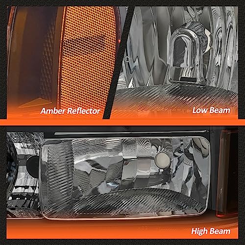 Image of Headlights Assembly for 2007 2008 2009 2010 2011 2012 2013 2014 Sierra / 07-13 GMC Sierra 1500 /07-14 GMC Sierra 2500HD 3500HD Black Housing Amber Reflector Replacement LH+RH