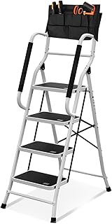 SPIEEK 4 Step Ladder with Handrails Folding Step Stool with Attachable Tool Bag, Non-Slip Wide Pedal Step Stools for Adults Home Kitchen, Foldable Ladder Portable Stepladder 330lb Capacity