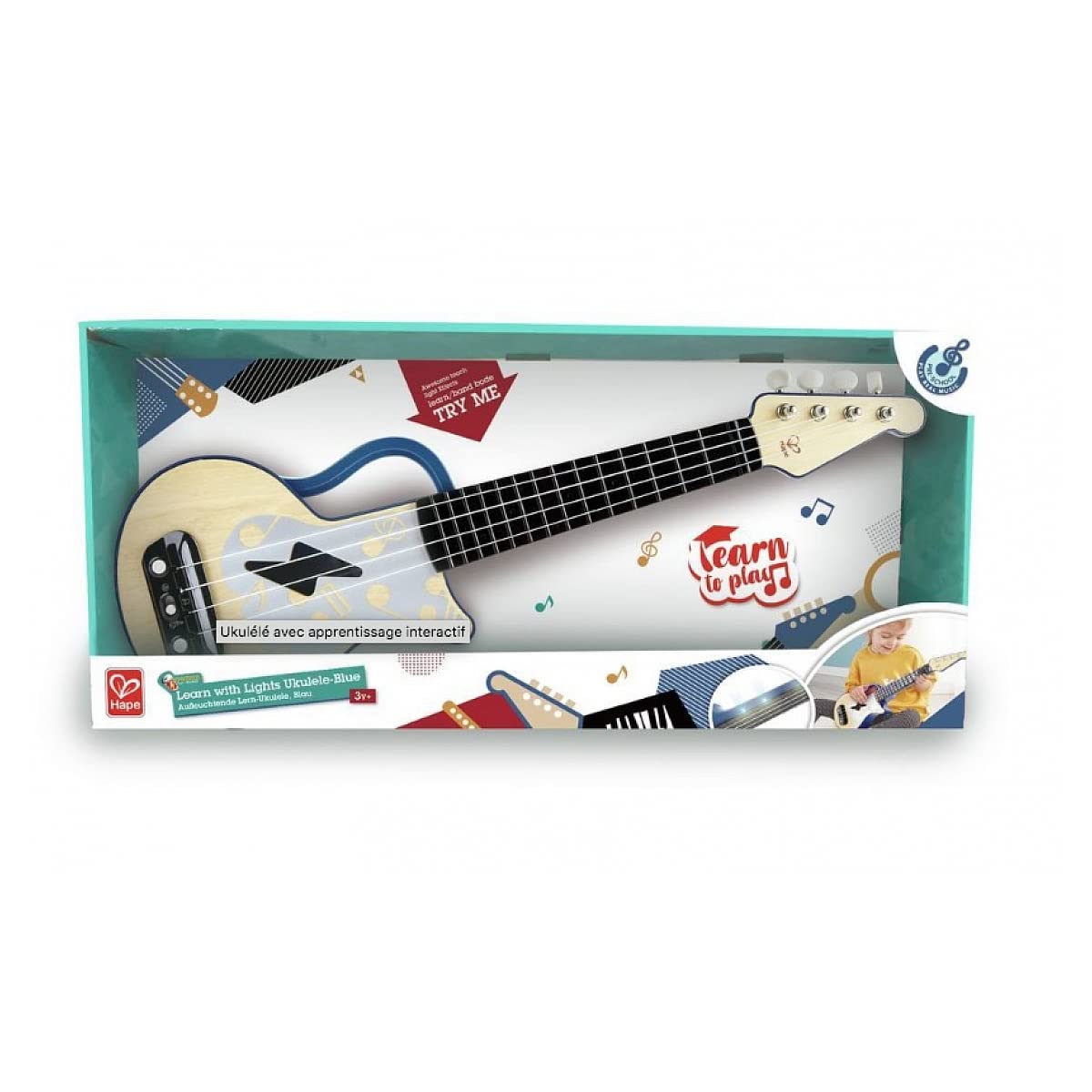 Hape - Ukulele Blu Impara Con Le Luci | Strumento Giocattolo Con Luci Guida Per Imparare A Suonare Dai 3 Anni In Su-image