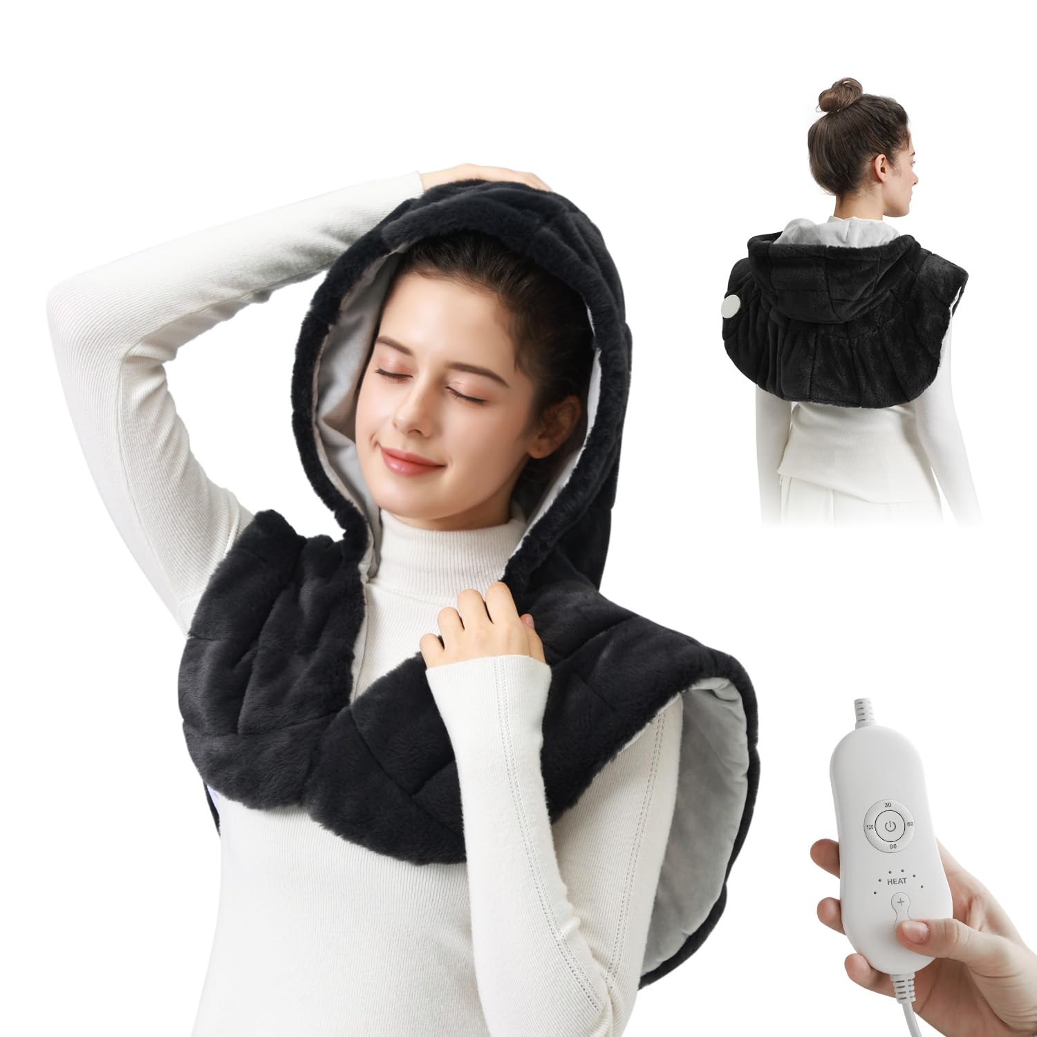 Weighted Hooded Heating Pad for Neck and Shoulders, Extra Large Electric Heat Pad for Deeper Pain Relief, 24