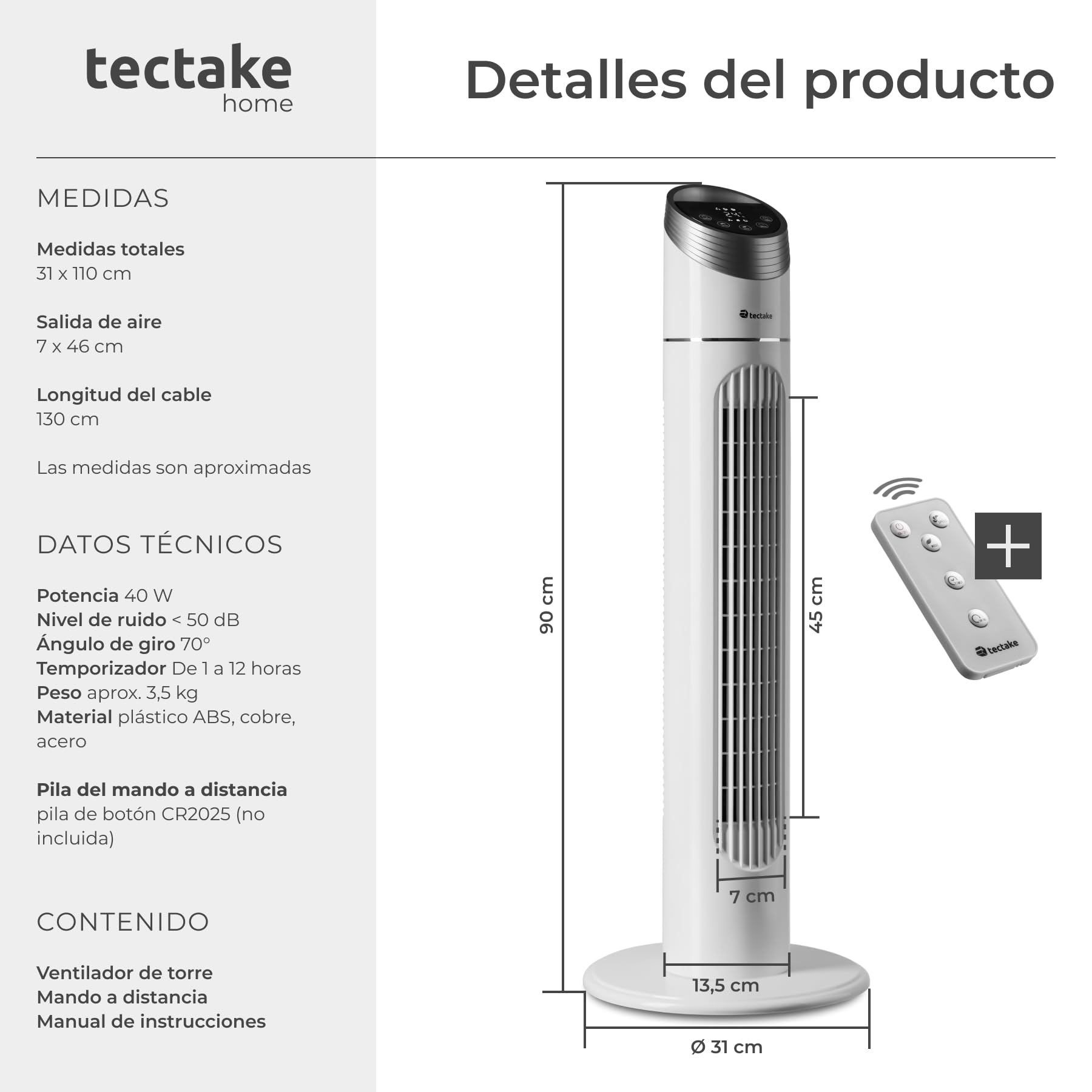tectake® Ventilador de Torre Silencioso, 90 cm, con Panel de Control LED, Tres Velocidades y Modos, Rotación y Temporizador, Ventilador de Pie con Mando - Blanco