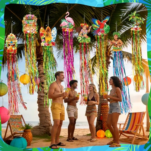 Image of Affrolling 8 Pcs Hawaiian Luau Party Decoration Tropical Tiki Aloha Flamingo Decorations with Tassels for Hawaii Luau Tropical Birthday Party Supplies 3.3 ft Outdoor Summer Door Banner Sign Decor