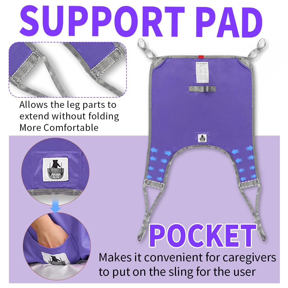 Eslinga de elevación dividida para pacientes con soporte de espalda baja, capacidad de transferencia de 500 libras para levantar e ir al baño de forma segura, ajuste universal reforzado de