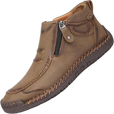 Mens Casual Leather Shoes Ankle Chukka Boots Lightweight Breathable Handmade Loafers Driving Boots with Side Zipper Slip-On Orthopedic Shoes Outdoor Hiking Business Sports Shoe
