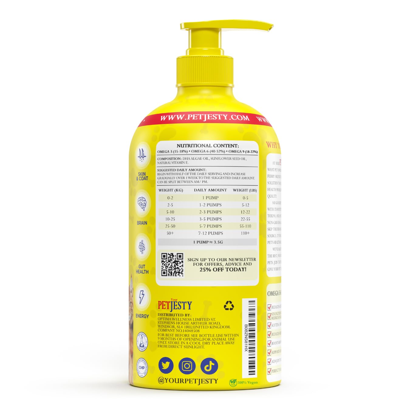 PetJesty Huile pure oméga 3 pour chiens et chats 750 ml – Soutien de la peau et du pelage oméga 3 – Complément alimentaire liquide pour animaux de compagnie – Animal végétalien + DHA pour fonction