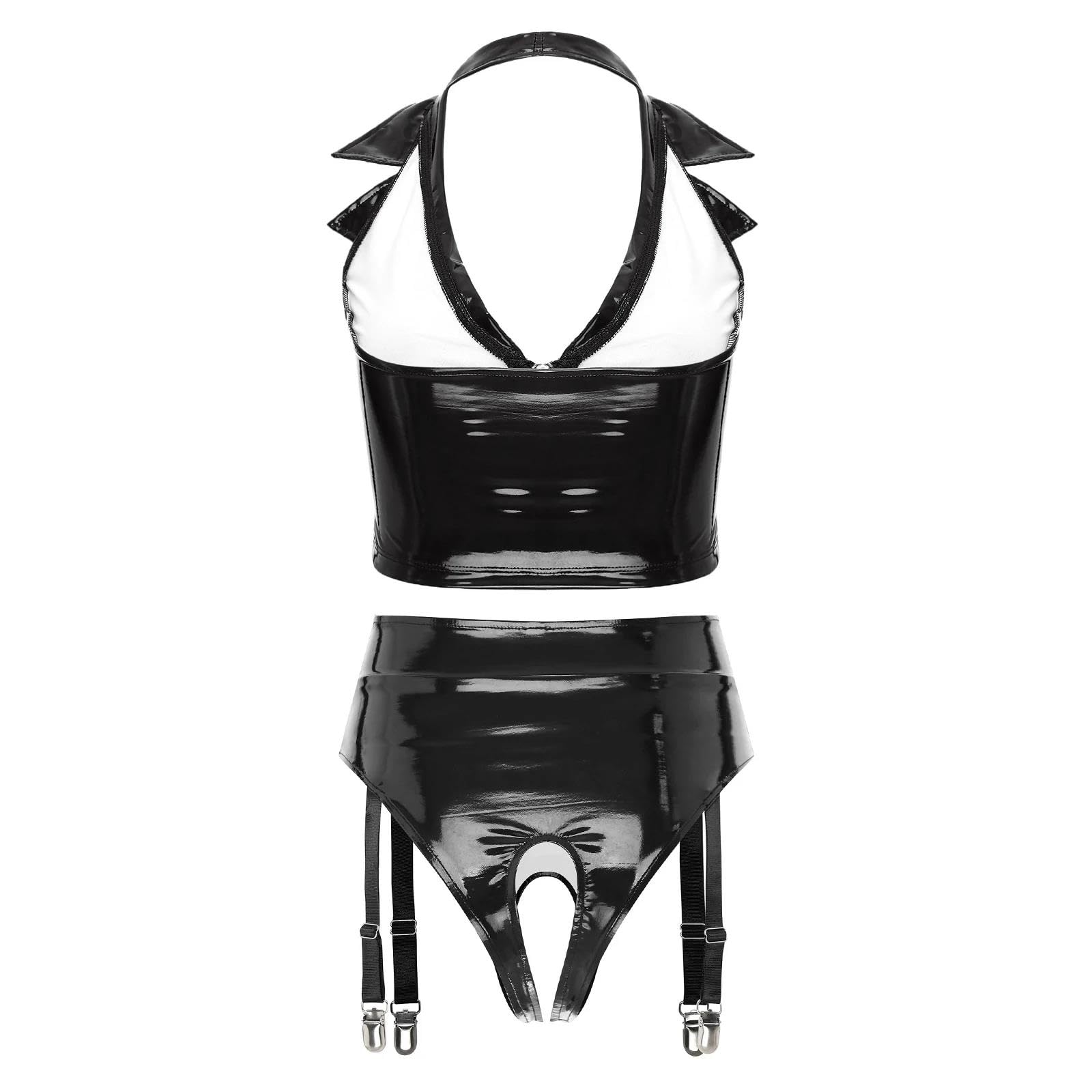 Sexy Damen Kleidung Neckholder Rückenfreie Tiefe V-Ausschnitt-Front-Reißverschlussweste Mit Hoher Taille Offene Schritt-Strumpfbandclips