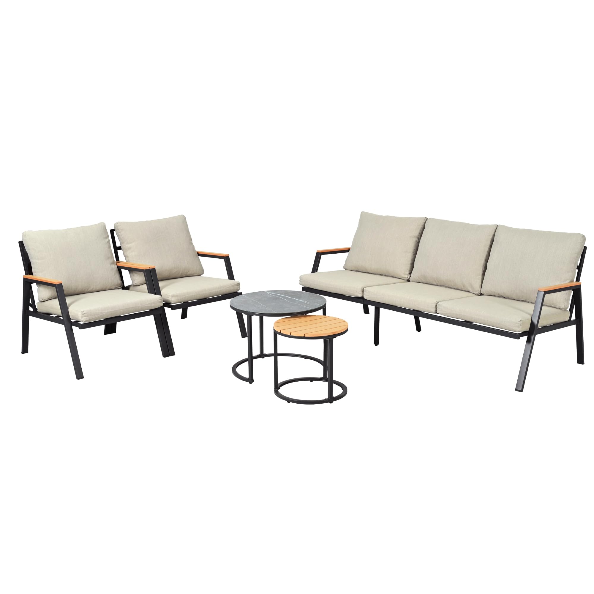 Juego de sillones de jardín, muebles de exterior, con cómodos cojines, sofá de 3 plazas, 2 sillones y 2 mesitas, cristal lacado mármol y madera plástica, acero galvanizado, beige