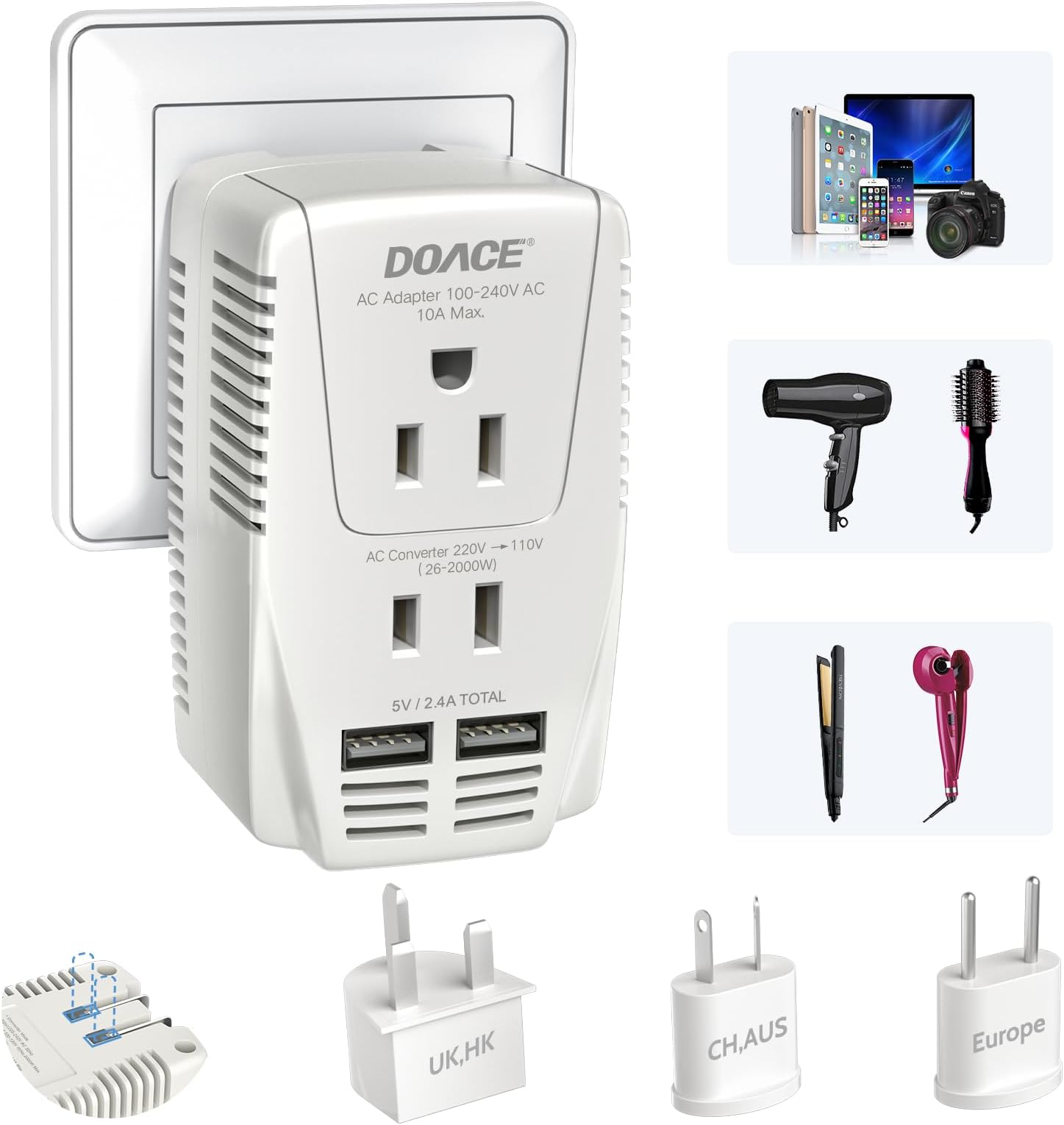 Upgraded 2000W 220V to 110V Converter for European Travel, Voltage Converter US to Europe for Hair Dryer Straightener Curling Iron, 2300W Adapter with EU/UK/AU/US Plugs for Laptop Camera Cell Phone