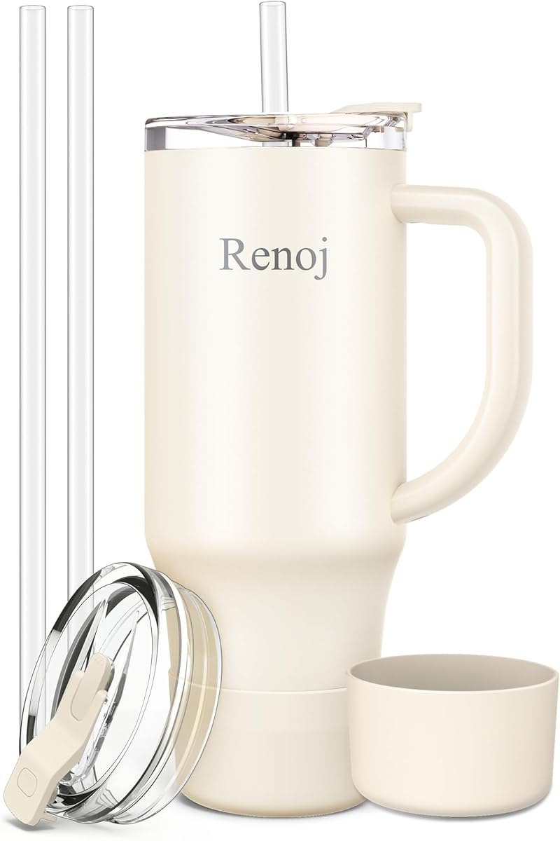 Renoj Tumbler with Handle 100% Leak Proof Insulated Water Bottle for Iced Coffee & Hot Drinks - Fits Car Cup Holder, Ideal Gift, 2 Straws & Silicone Boot BPA-Free - SnapShift White 32 oz