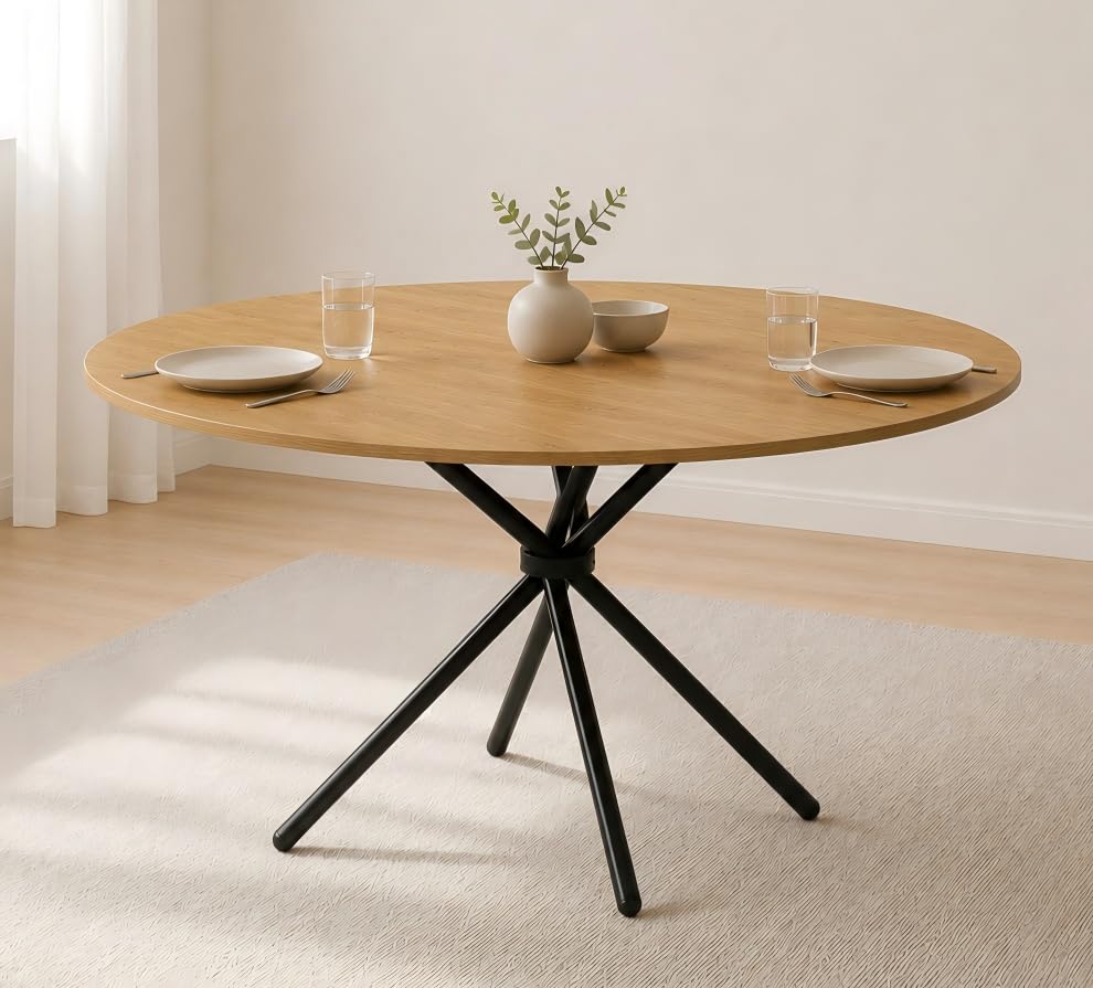 Xinyvee Table à Manger Ronde 120 cm Aspect Chêne Table Ronde Bois avec Pieds en Métal Noir Table de Cuisine pour Salle à Manger Espace Repas 4 à 6...