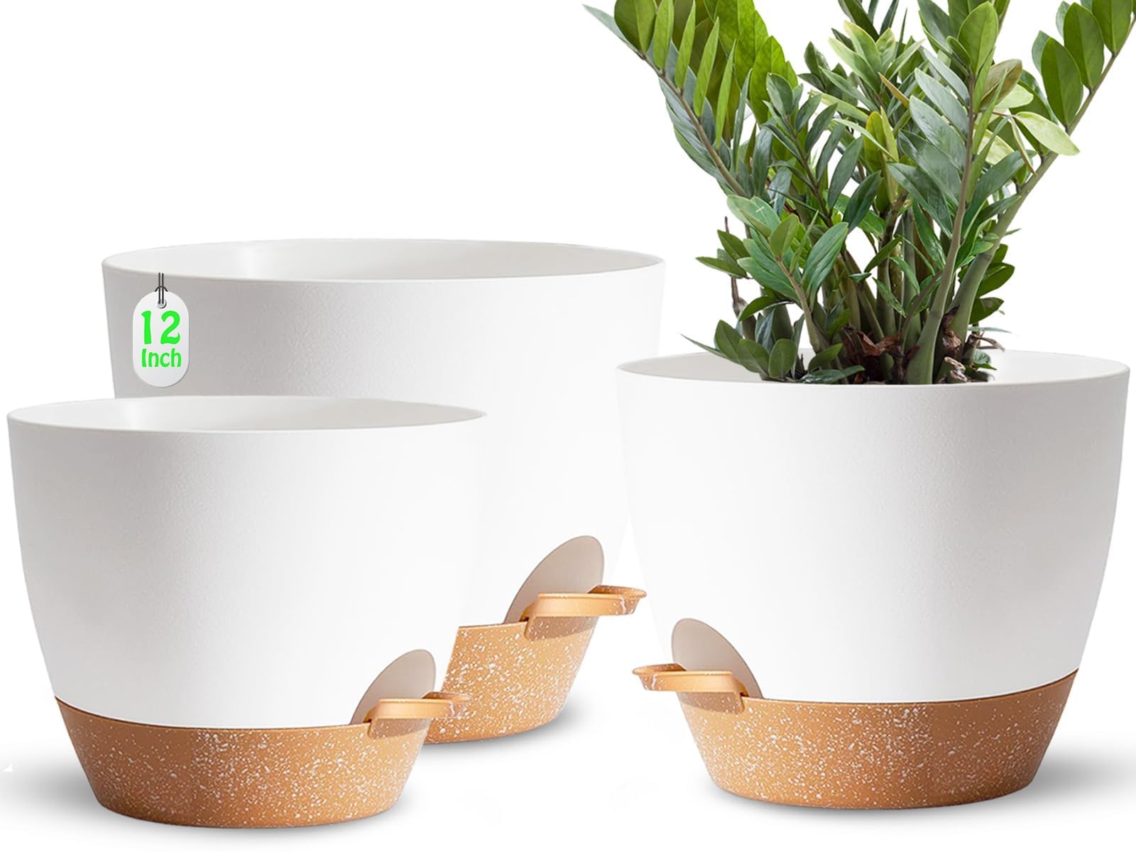 SE SUN-E Plant Pots,12+10+9 Inch Self Watering Pots with Drainage Hole for Indoor Plants Large Flower Pot, Plants Pots Indoor Outdoor,Modern White