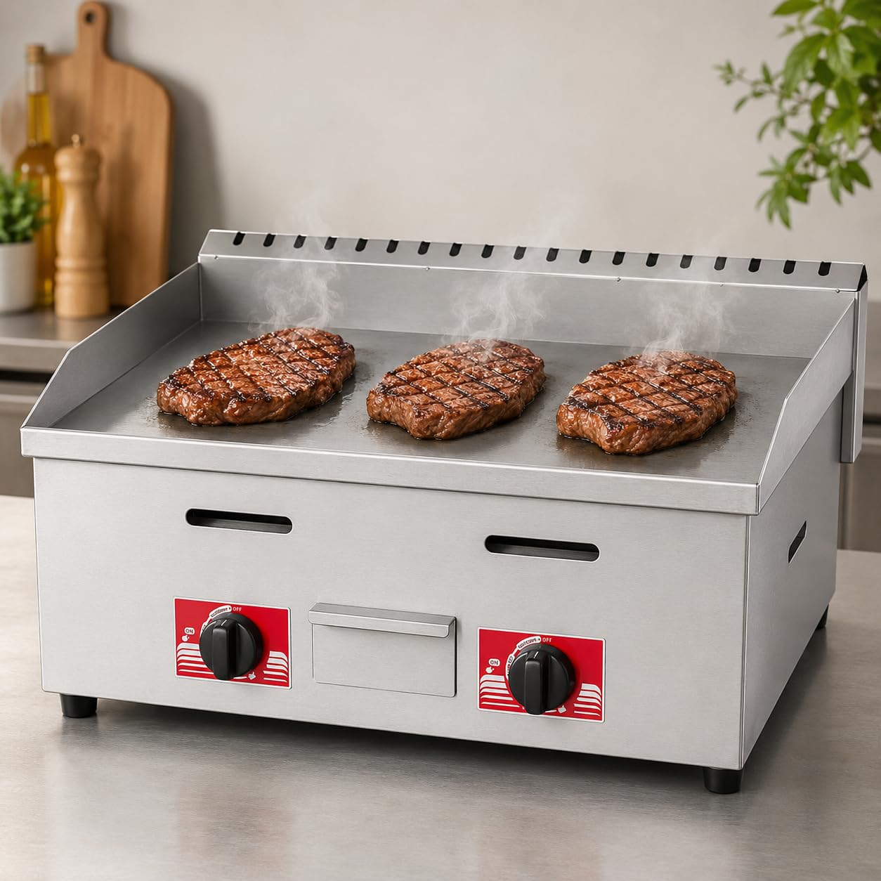 Plancha de gas comercial, placa plana antiadherente de acero inoxidable resistente para asar hamburguesas y cocinar al aire libre de volumen medio a alto