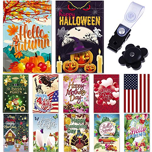 Season Garden Flags - Set of 12 Garden Flags - Double Sided Outdoor Holidays Yard Flags - Made of Polyester with Anti-Wind Clip & Rubber Stopper Included – Holidays Flags for 12 Months - 12”x18” Size