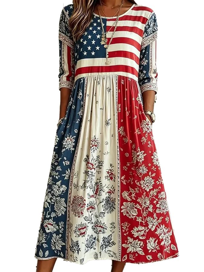 Womens Independence Day Patch Art Line Dress Short Sleeve Floral American Flag 4th of July Patriotic Dress for Women Beige