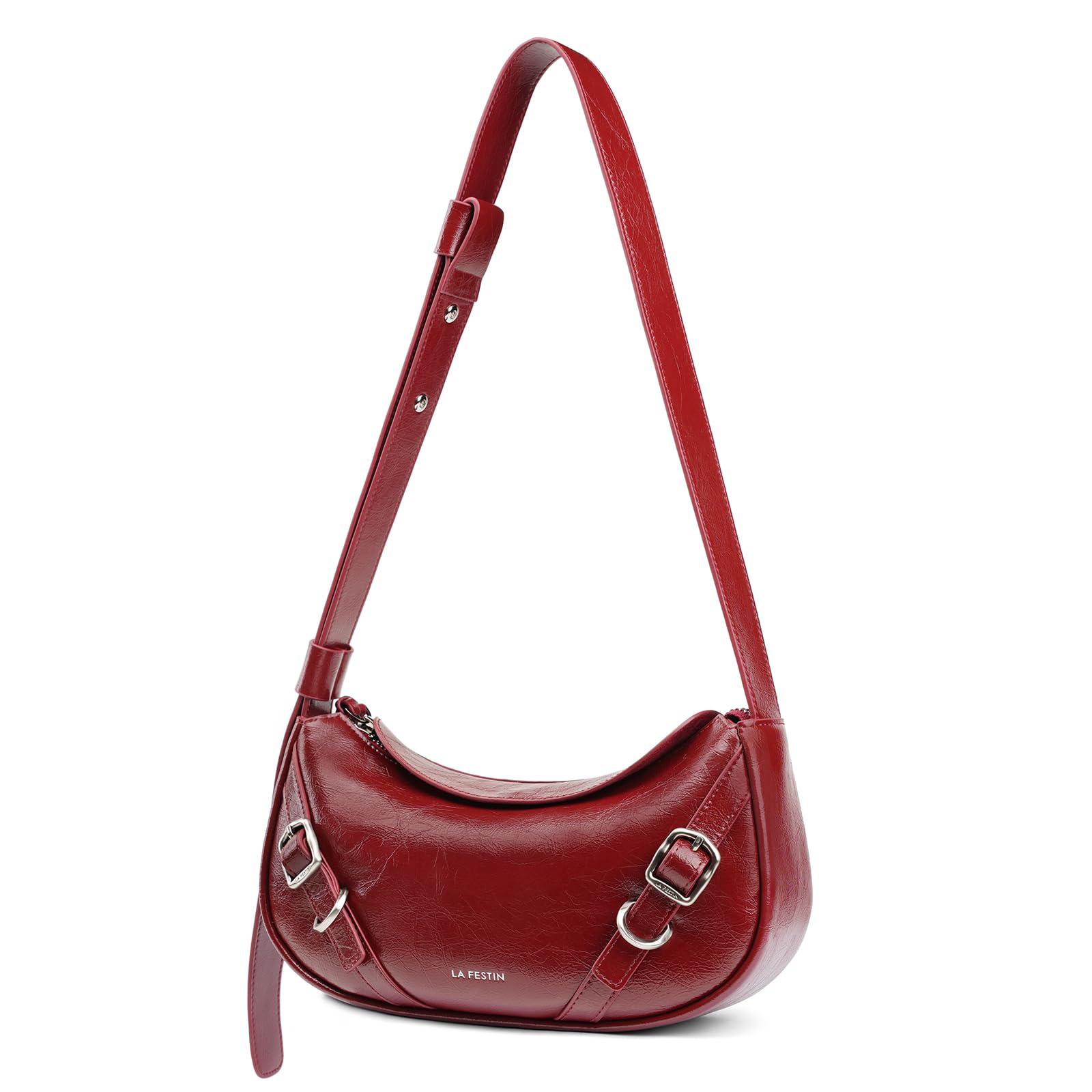 LAFESTIN Womens Leather Crossbody Bag - Adjustable Strap Purse with Zipper Trendy Crescent Bag for Daily Use