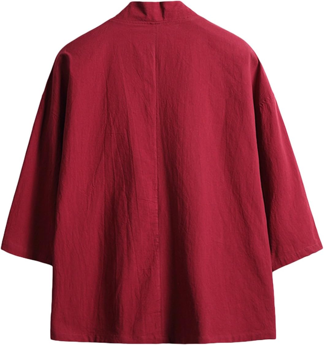 Men's Cotton Blends Linen Open Front Cardigan Embroidery Kimono Jackets - Image 2