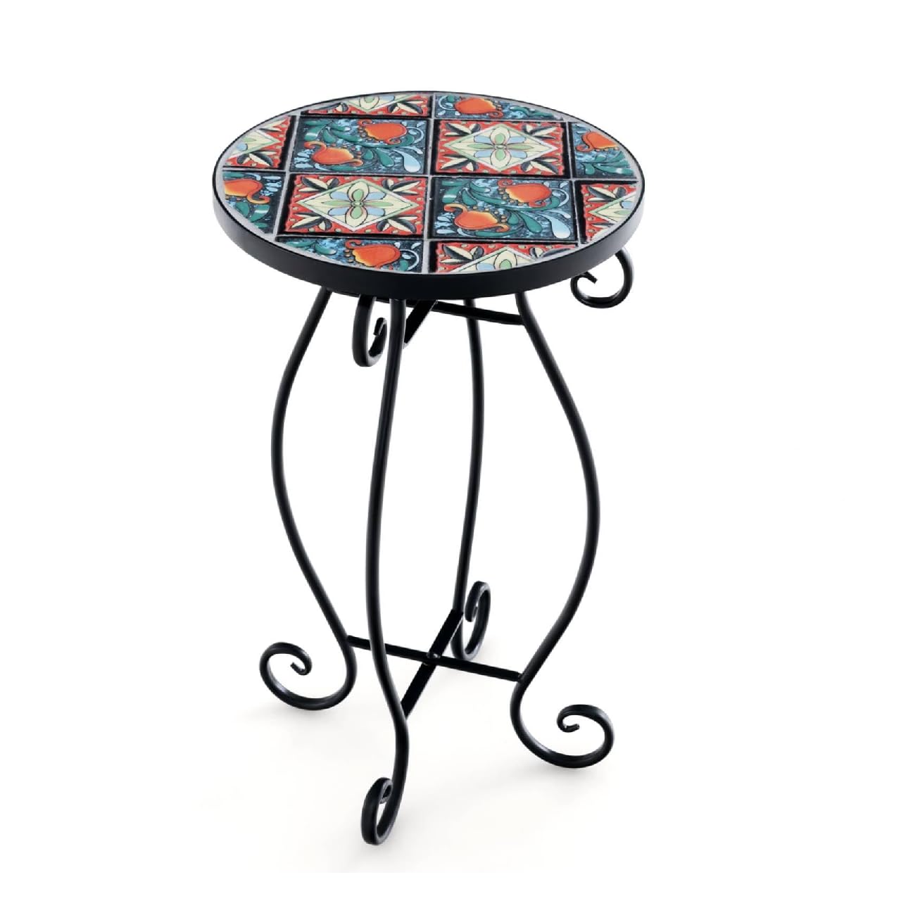 SFAREST Outdoor Side Table, Mosaic Round Coffee Table with Ceramic Tile Tabletop, Small Plant Stand for Balcony, Patio, Garden, Living Room (Vintage Red + Lake Blue)