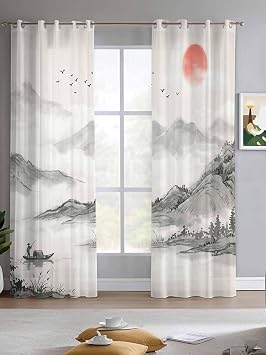 Nature Ink Painting Sheer Curtains 90 Inches Long 2 Panels Set, Oriental Traditional Mountain Tree River Chiffon Sheer Backdrop Curtains Sheer Curtain Panels for Bedroom Living Room 52x90in