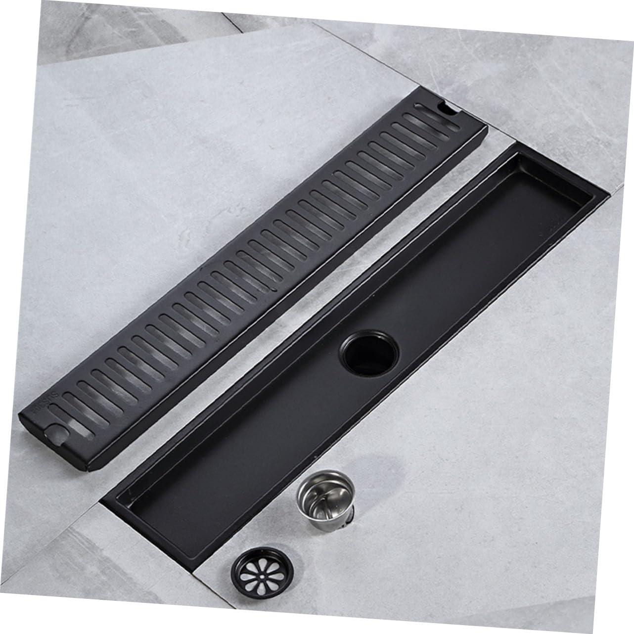 Schwarzer Edelstahl Bodenablauf Rechteckiger Linear Shower Drain mit Geruchsverschluss für Küche Hotel Dusche Langlebig Rostfrei Einfache Montage Haarsieb Integriert
