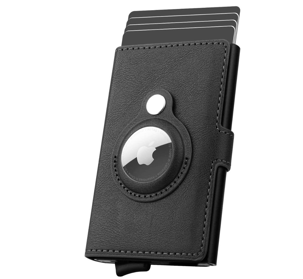 XEngiX AirTag Wallet Men's Credit Card Holder, Leather Card Wallet RFID Blocking Pop Up Metal Bank Card Case(Black)