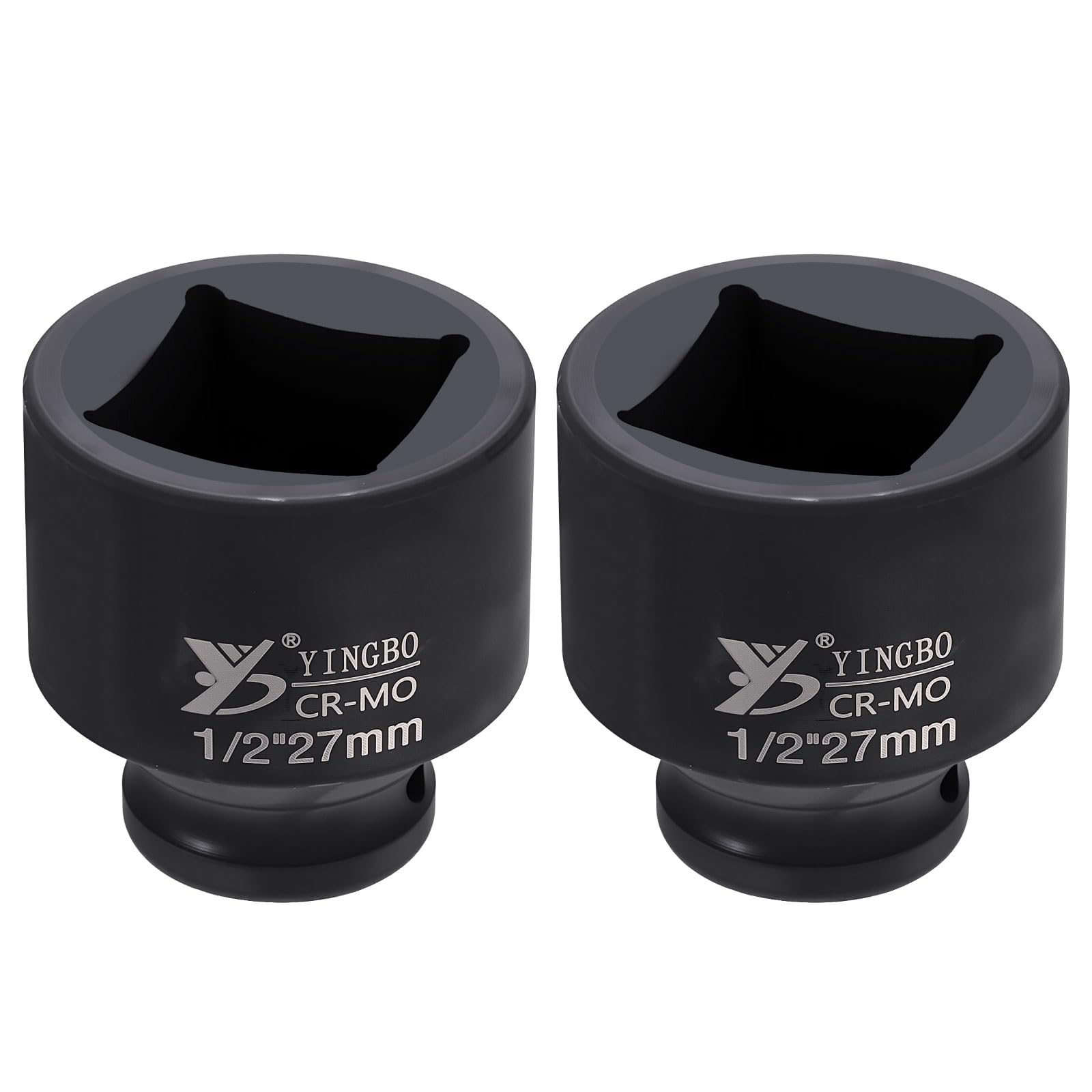 sourcing map 2pcs 4 Point Square Socket 1/2" Drive 27mm Metric Square Impact Socket 2" (51mm) Long 40CR Steel Phosphating Standard Wheel Sleeve Tool for Auto Repair Mechanical Home Use