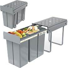 UISEBRT Kitchen Floor Cabinet Built-in Waste Bin, Extendable Waste Separation System with Slide, Plastic, Grey, 1 x 20 L + 1 x 10 L