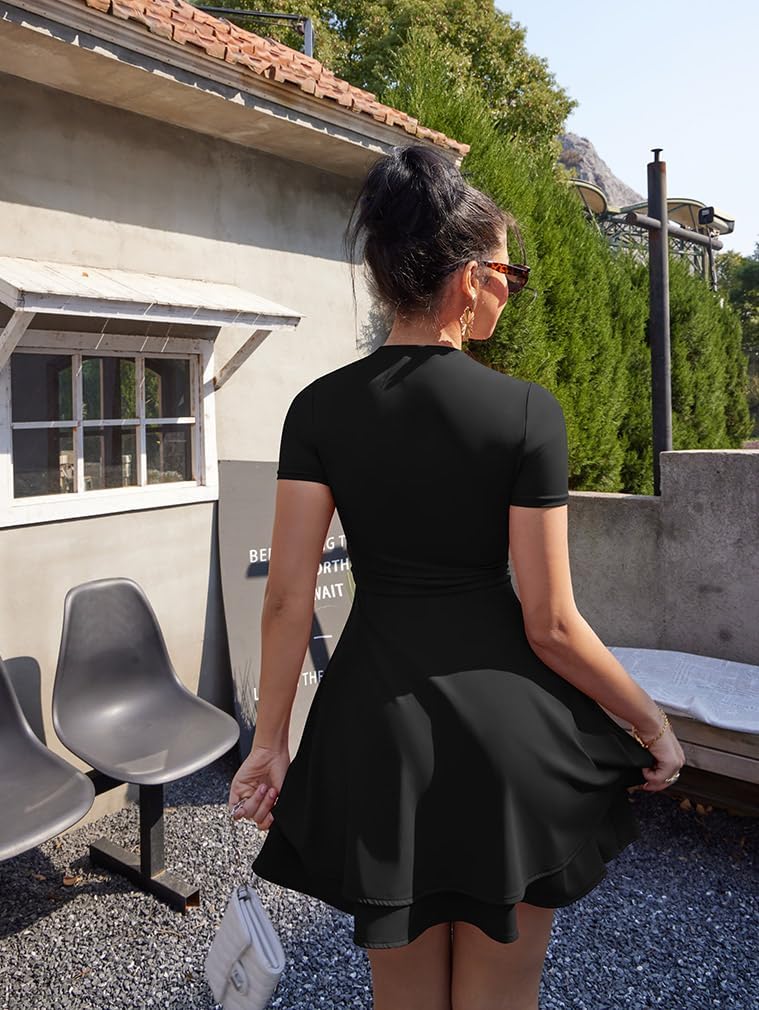 XXTAXN Women's Sexy Square Neck Short Sleeve Ruched Tiered Ruffle Hem Flowy Club Party Mini Dress - Image 8