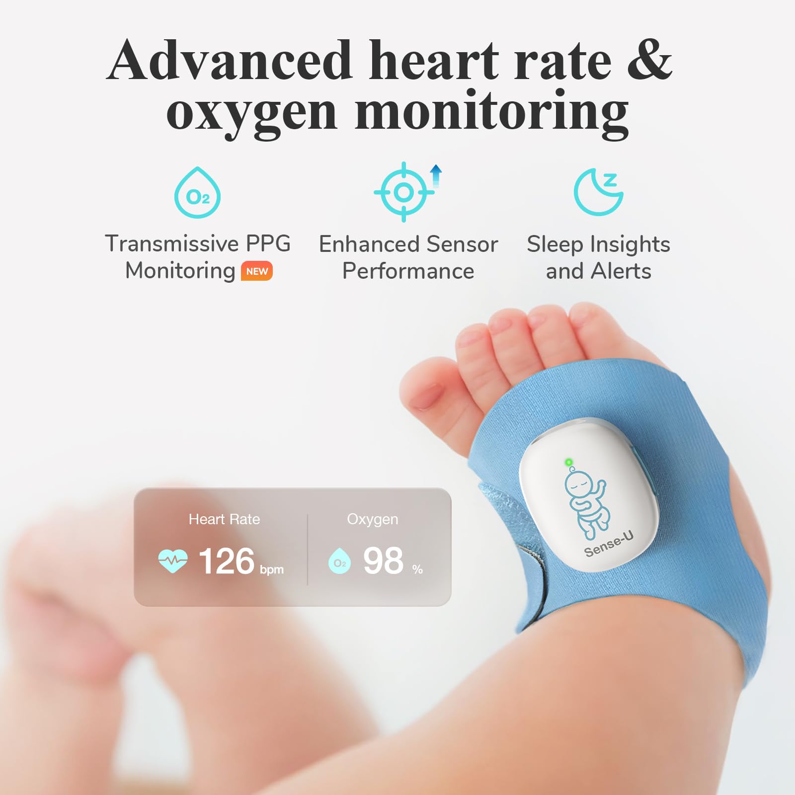Sense-U Smart Sock Shoe 2 Baby Monitor - Monitora la frequenza cardiaca e i modelli di sonno con sensore PPG del piede trasmissivo, per 1-12 mesi