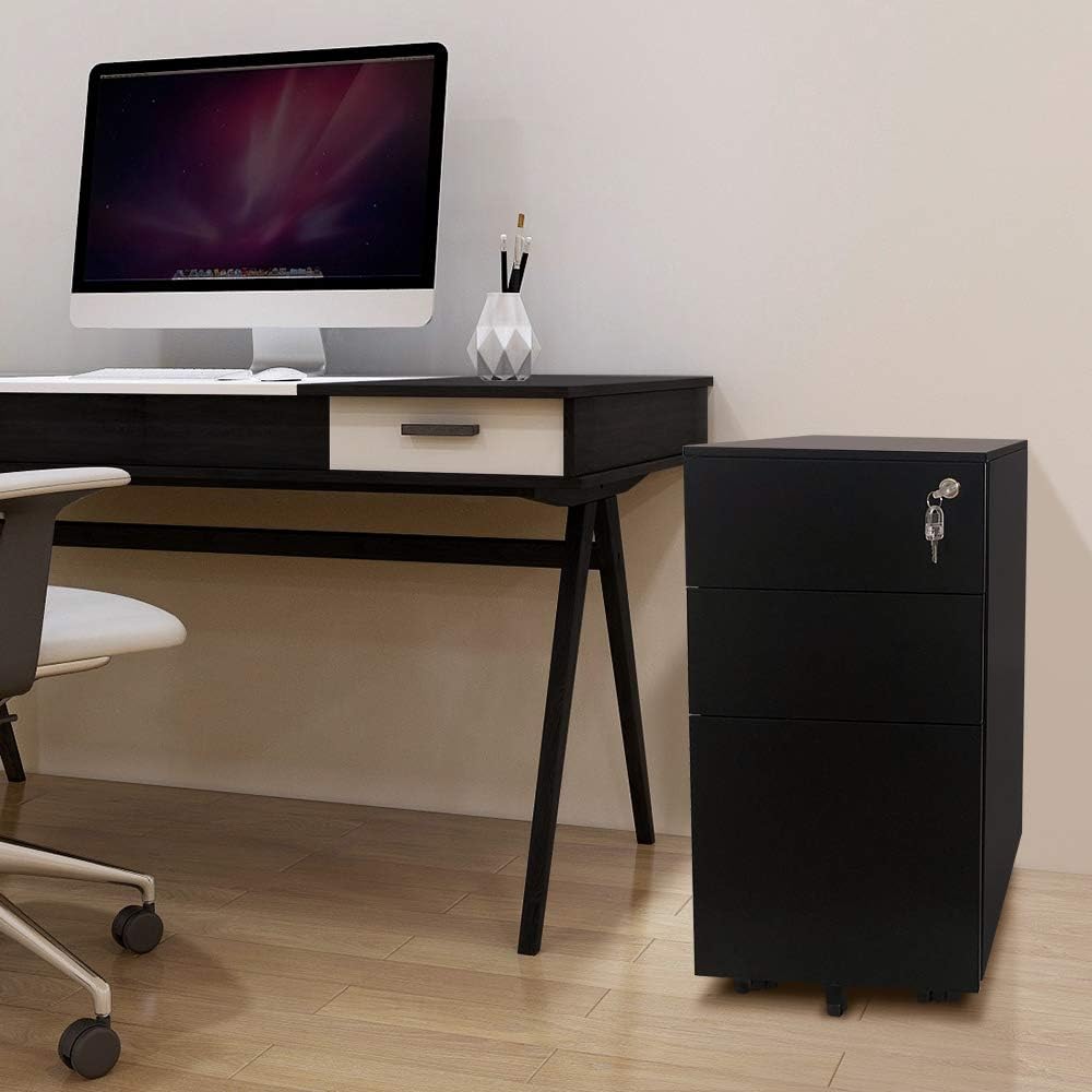 OSJ Cabinet 3 Tiers, A4 Compatible with Keys, Casters, Black