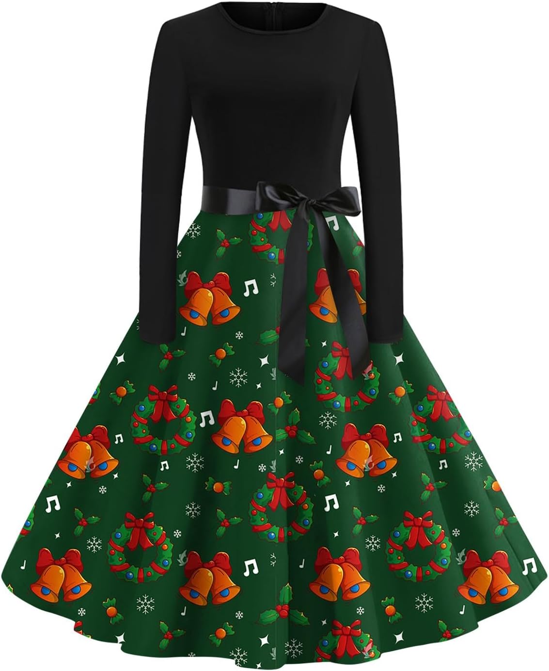 SERYU Women Christmas Dress Fall Long Sleeve Crew Neck Retro A Line Dresses with Belt