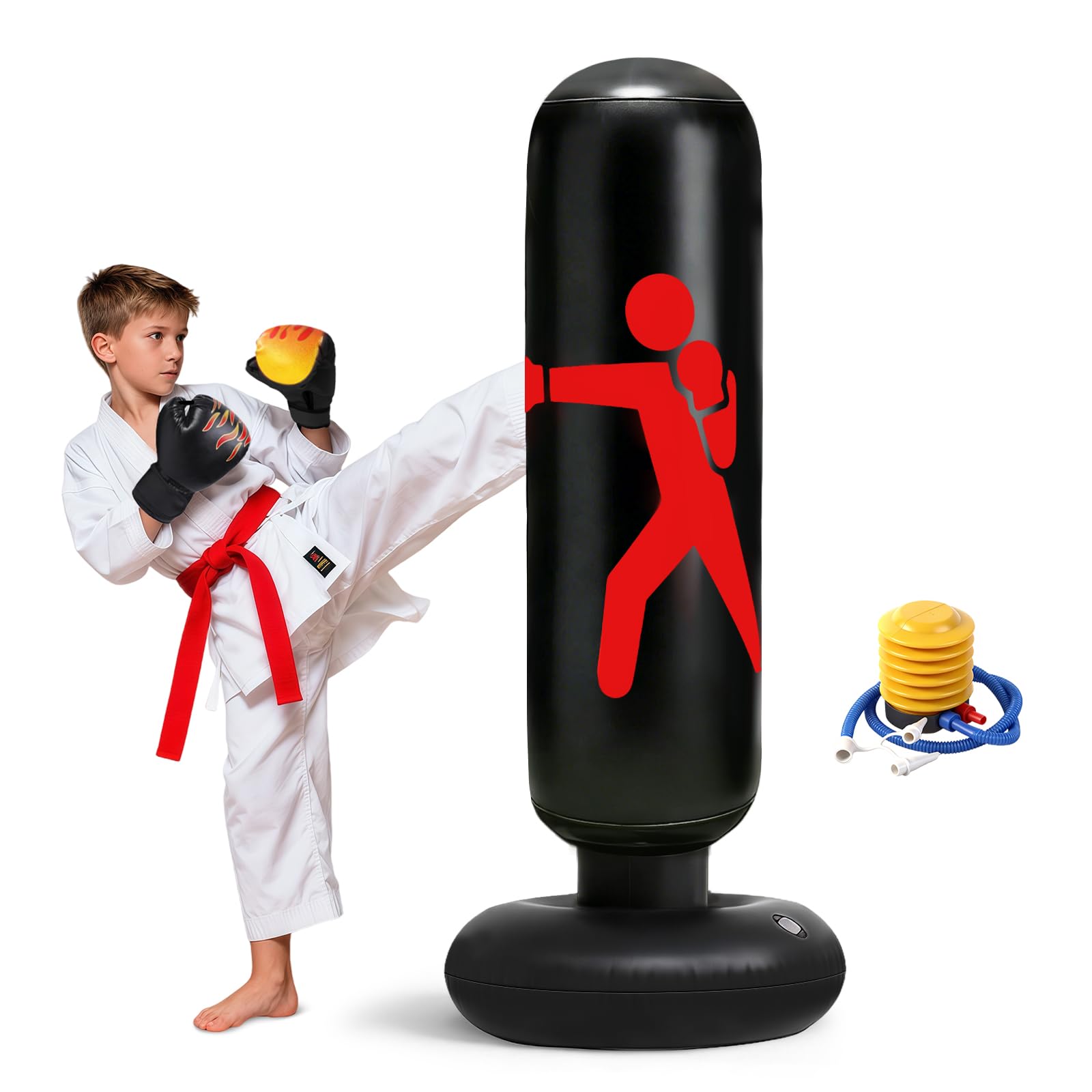 flintronic Sacco da Boxe da Terra Bambini con Guantoni da Boxe, 120cm Pungiball Bambini, Sacchi da Boxe Gonfiabile per Ragazzi e Ragazze 5-12 Anni, Per Praticare Karate Taekwondo MMA