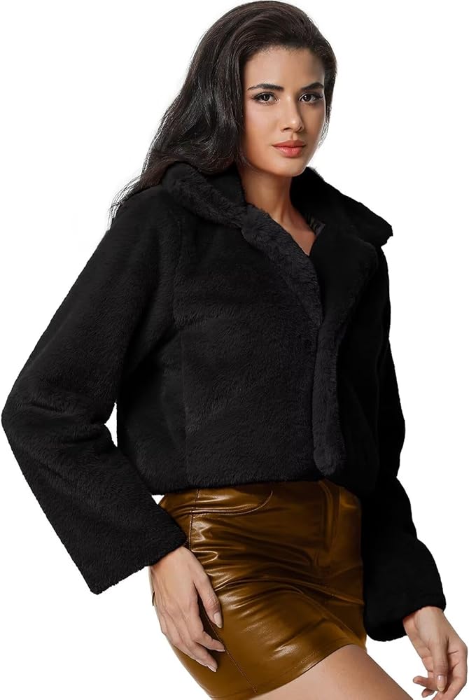 Jsslaik Women's Cropped Faux Fur Jacket with Hidden Pockets and