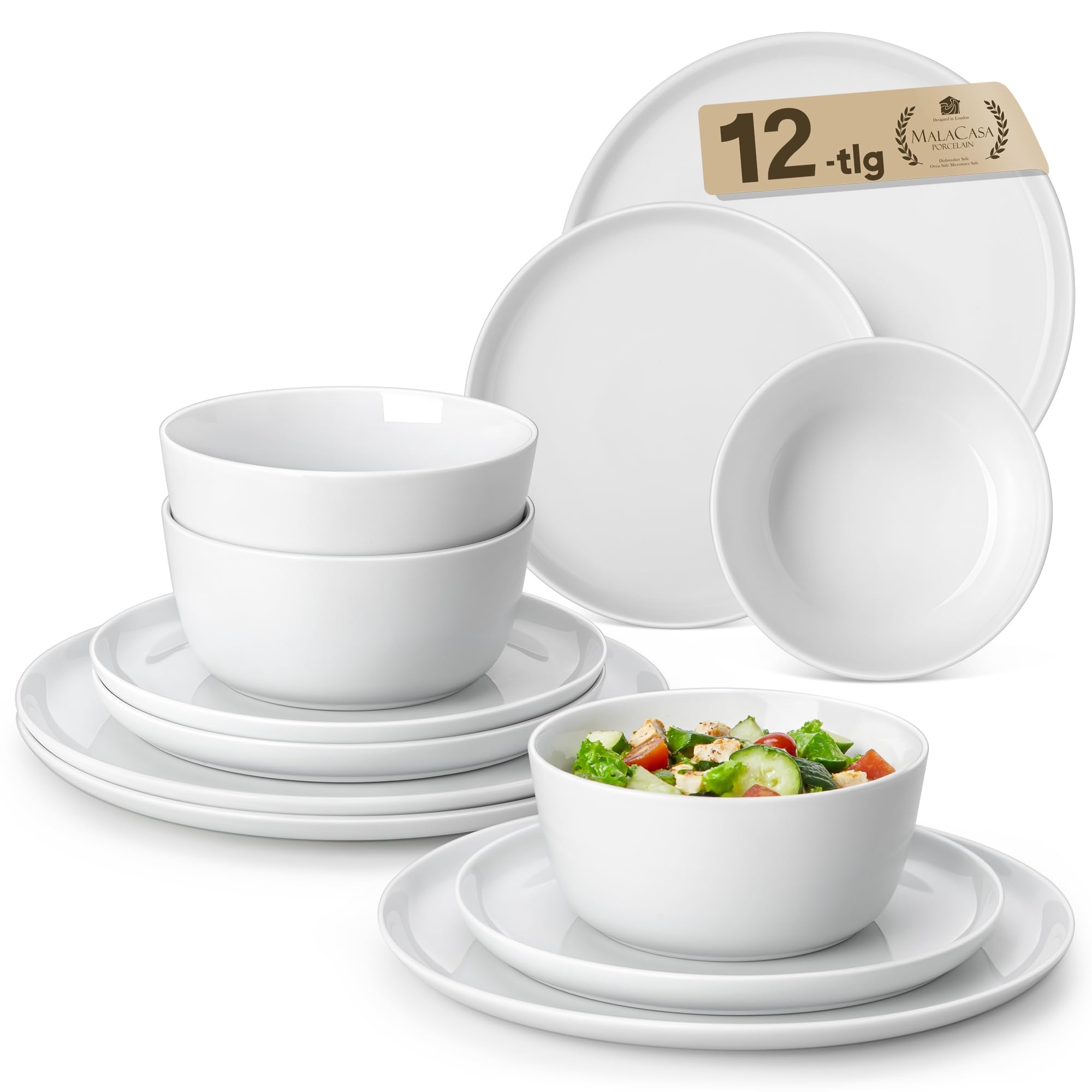 MALACASA12 Pieces Gourmet Porcelain Dinnerware Sets, Premium Plates and Bowls Set, High-Fired Ceramic Dishes Set for 4, Chip & Scratch Resistant, Microwave Dishwasher Safe, White, Series LEXI
